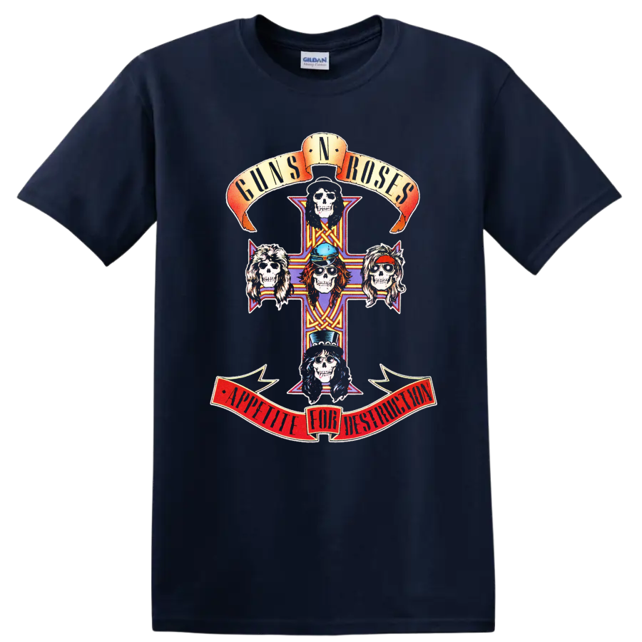 Guns N' Roses Appetite for Destruction skull cross with five colorful skull portraits on a Navy (Blue) T Shirt