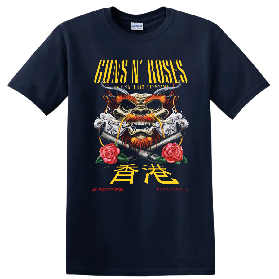 Guns N' Roses Hong Kong 2018 horned dragon, crossed pistols, smoke and roses graphic on a Navy (Blue) T Shirt