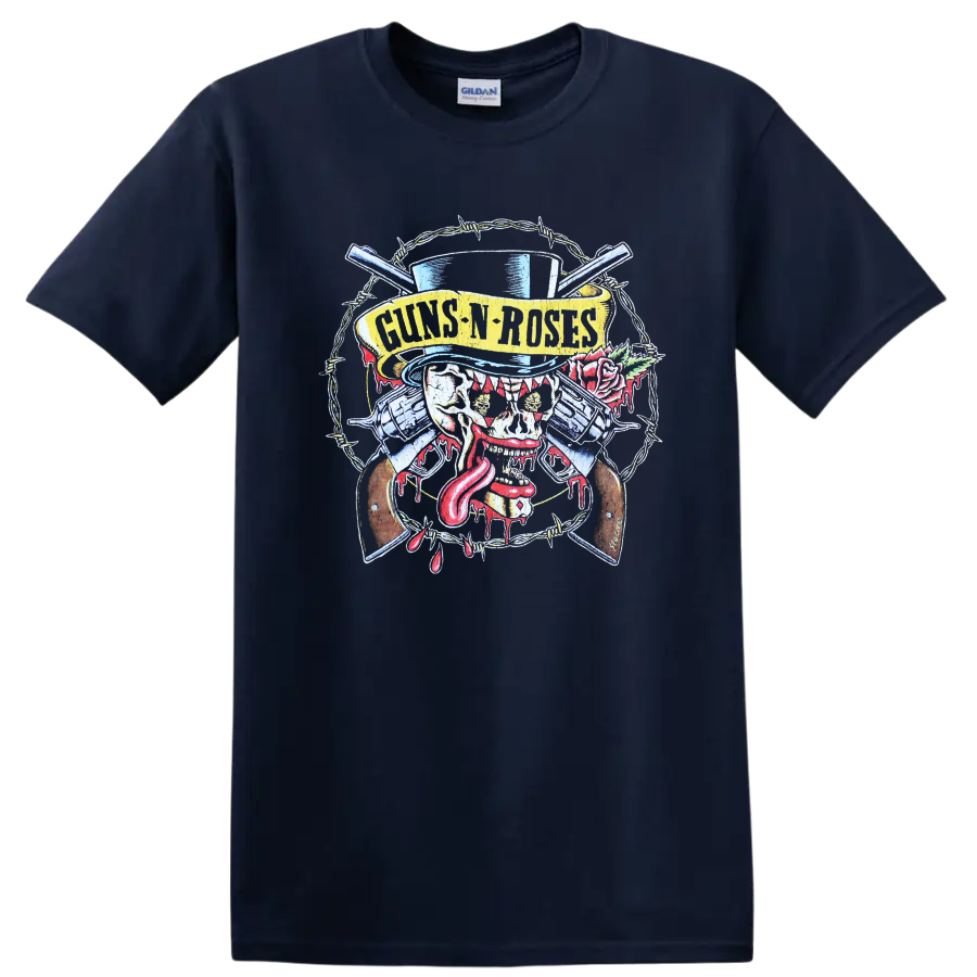 Guns N Roses distressed skull, crossed guns, barbed wire, rose, and top hat rock artwork on a Navy (Blue) T Shirt