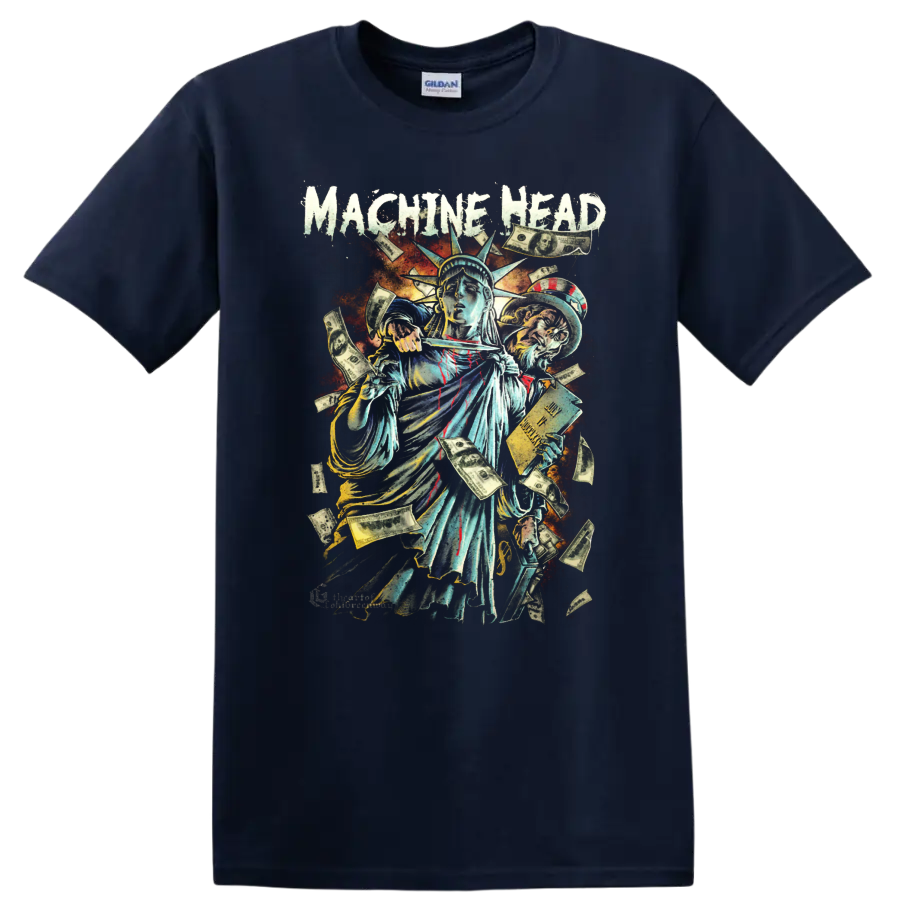 Machine Head distressed Statue of Liberty money and heavy metal tour artwork on a Navy (Blue) T Shirt