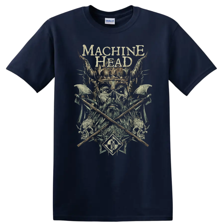Machine Head skull warrior with horned helmet, crossed axes, skulls, and distressed on a Navy (Blue) T Shirt