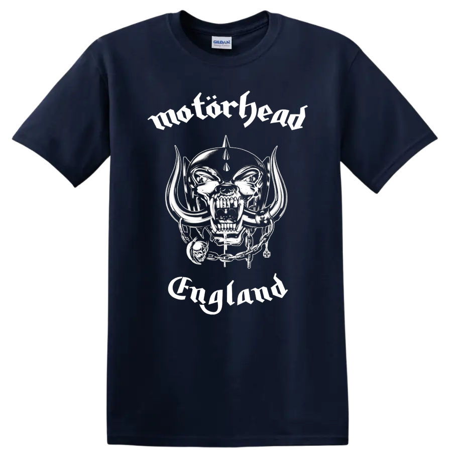 Motörhead Snaggletooth Warpig skull with tusks, chain, helmet, and England lettering on a Navy (Blue) T Shirt