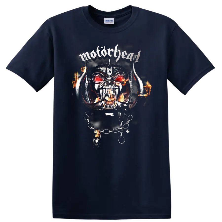 Motörhead Snaggletooth Warpig skull with flames, horns, chains, and red eyes on a Navy (Blue) T Shirt
