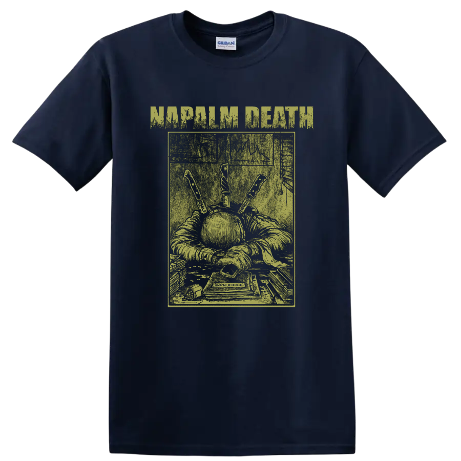Napalm Death distressed grindcore artwork with grim figure, book, and knife-like tools on a Navy (Blue) T Shirt