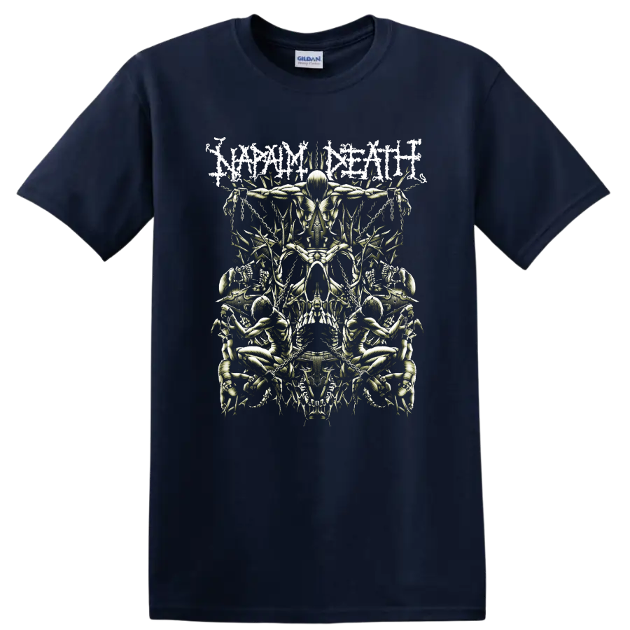 Napalm Death distressed logo above mirrored skeletal horror artwork with skulls and chains on a Navy (Blue) T Shirt