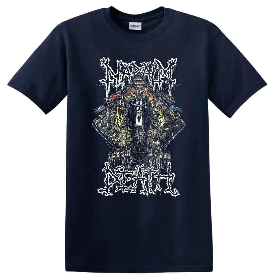 Napalm Death Scum skull figure with lightning and distressed metal linework on a Navy (Blue) T Shirt