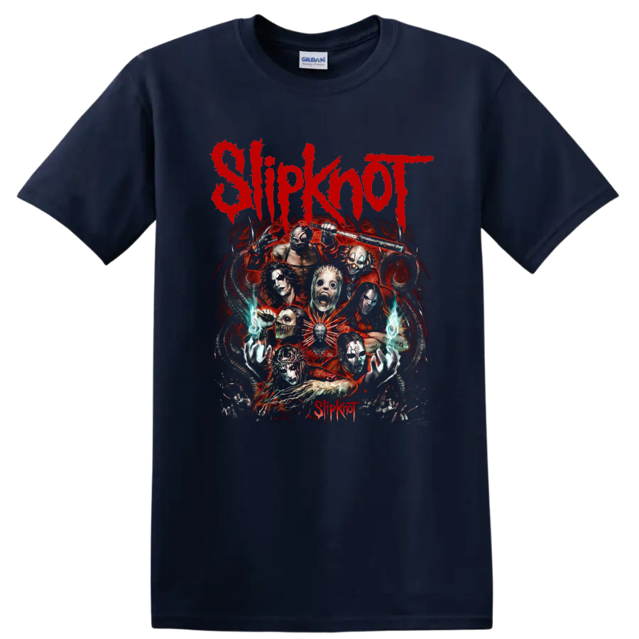 Slipknot masked band horror collage with red logo, flames, and eerie blue hands on a Navy (Blue) T Shirt
