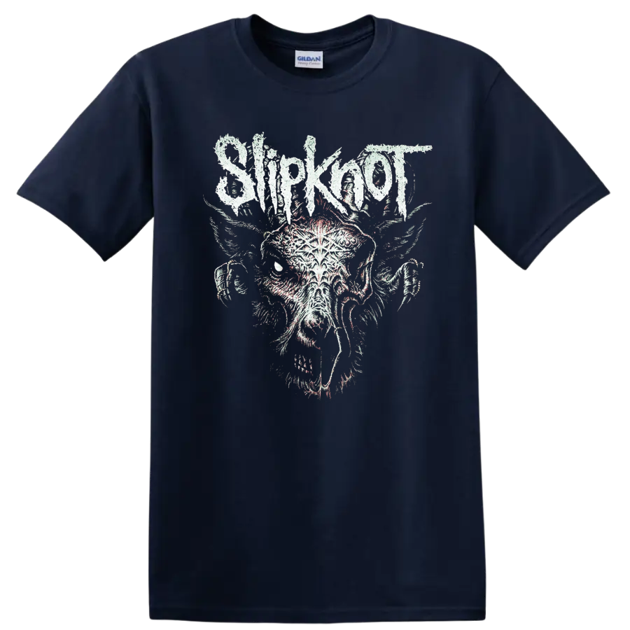 Distressed Slipknot wordmark above a snarling rotting goat illustration on a Navy (Blue) T Shirt