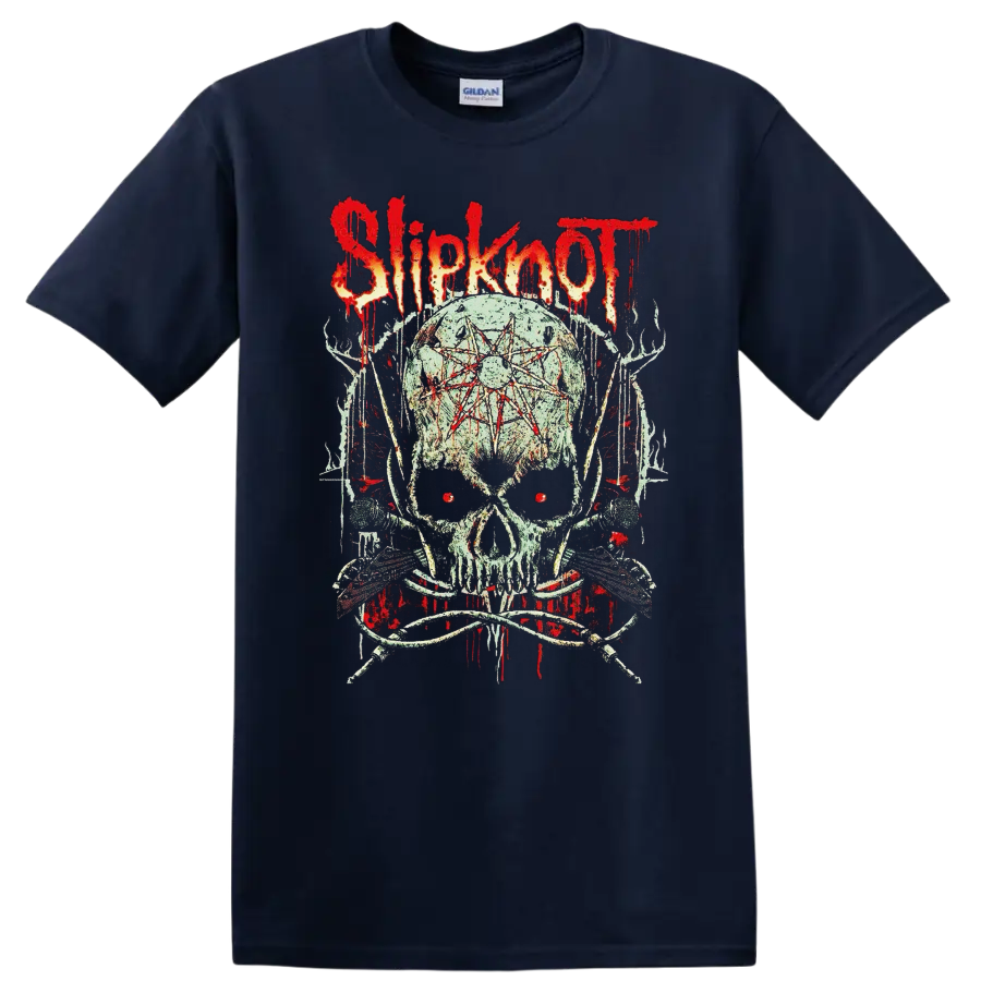Slipknot skull graphic with red eyes, forehead symbol, dripping red flames, and dark on a Navy (Blue) T Shirt