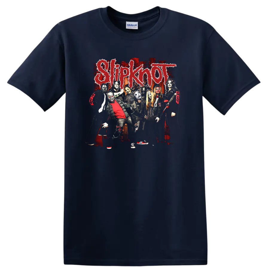 Slipknot masked band photo collage with distressed red logo and dark rock artwork on a Navy (Blue) T Shirt
