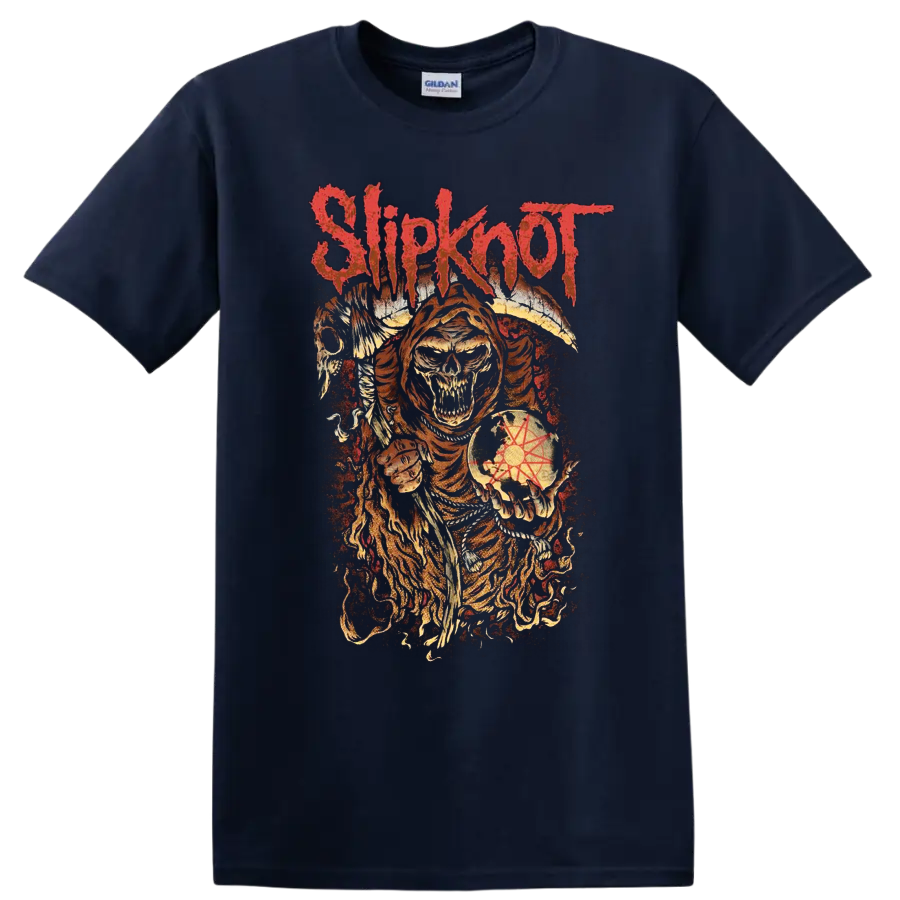 Slipknot distressed hooded skull with winged horror art and symbolic globe on a Navy (Blue) T Shirt