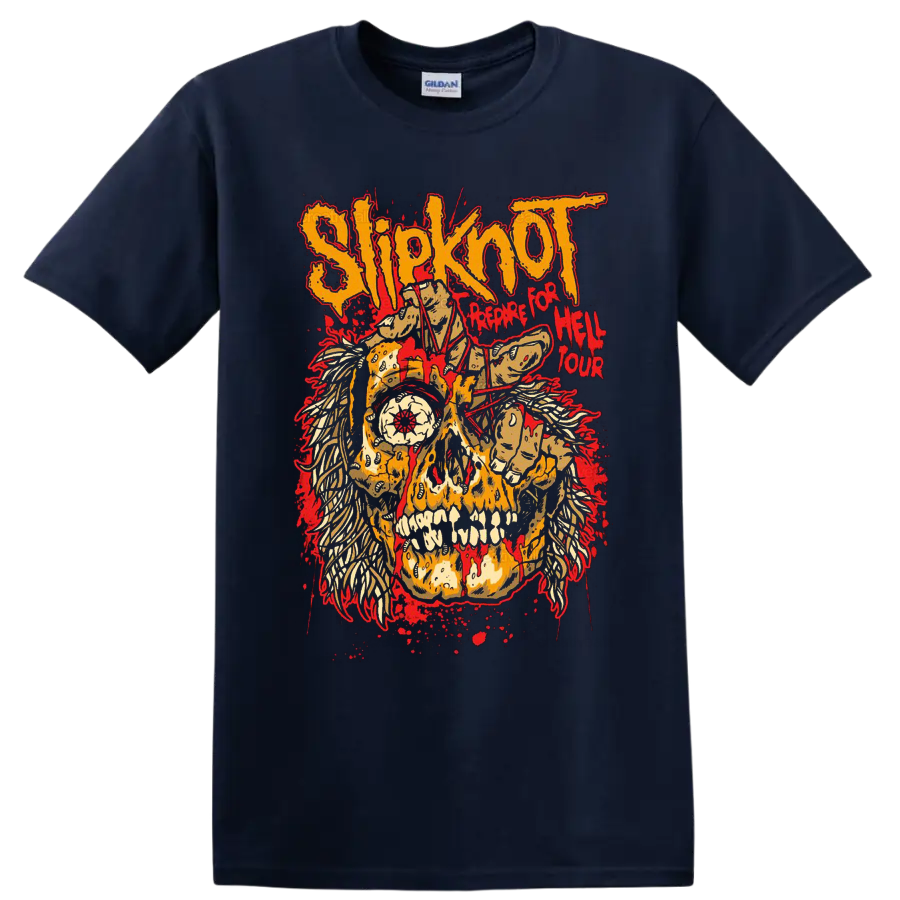 Slipknot Prepare for Hell Tour distressed skull, flames, skeletal hands, and red splatter on a Navy (Blue) T Shirt