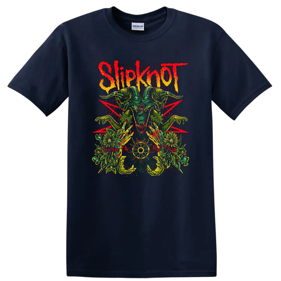 Slipknot Prepare for Hell Tour horned goat skull with occult-style grunge artwork on a Navy (Blue) T Shirt