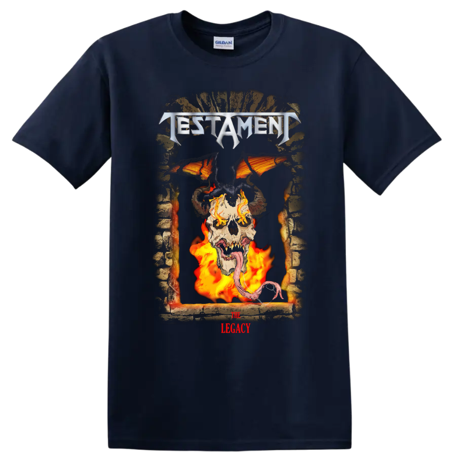 Testament The Legacy horned skull, bat wings, demon silhouette, and flames metal artwork on a Navy (Blue) T Shirt