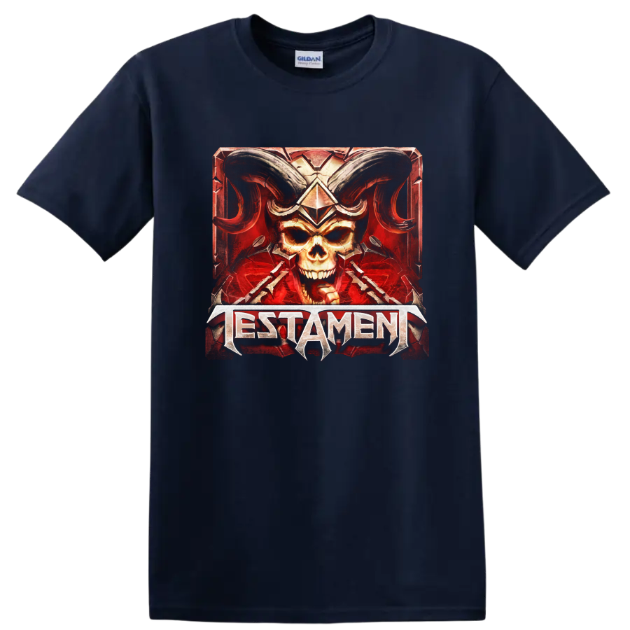 Testament horned skull heavy metal graphic with red armored border on a Navy (Blue) T Shirt