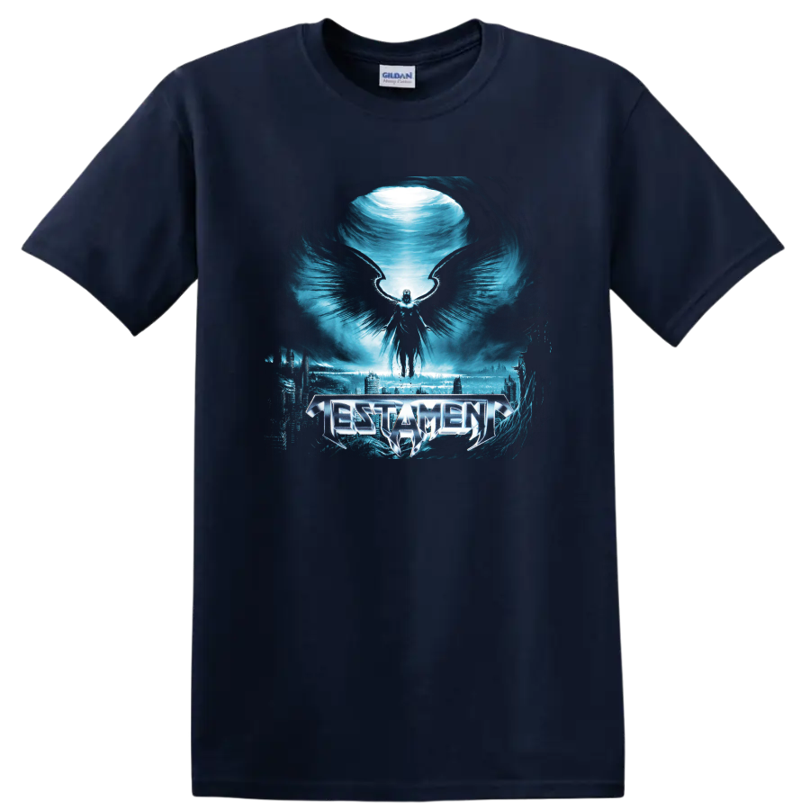 Testament logo with winged figure over icy blue dark fantasy cityscape on a Navy (Blue) T Shirt
