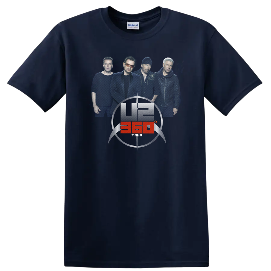 U2 360° Tour band portrait with circular stadium emblem and red accent on a Navy (Blue) T Shirt