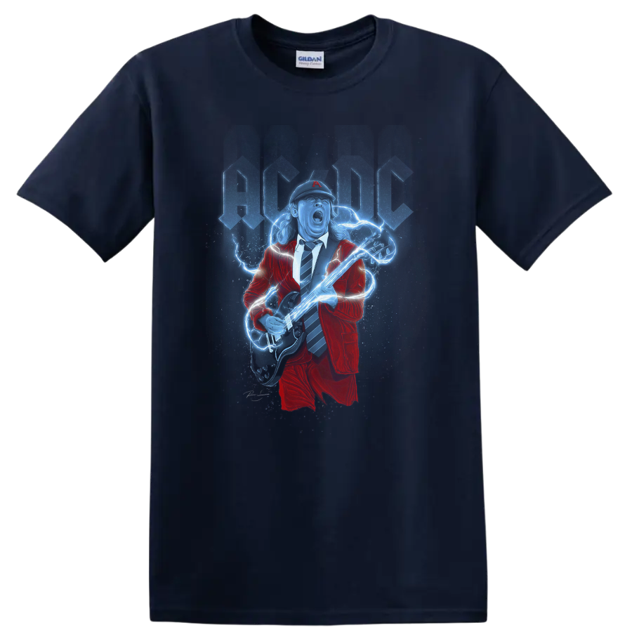 Angus Young AC/DC guitarist in red suit with electric guitar and blue lightning on a Navy (Blue) T Shirt