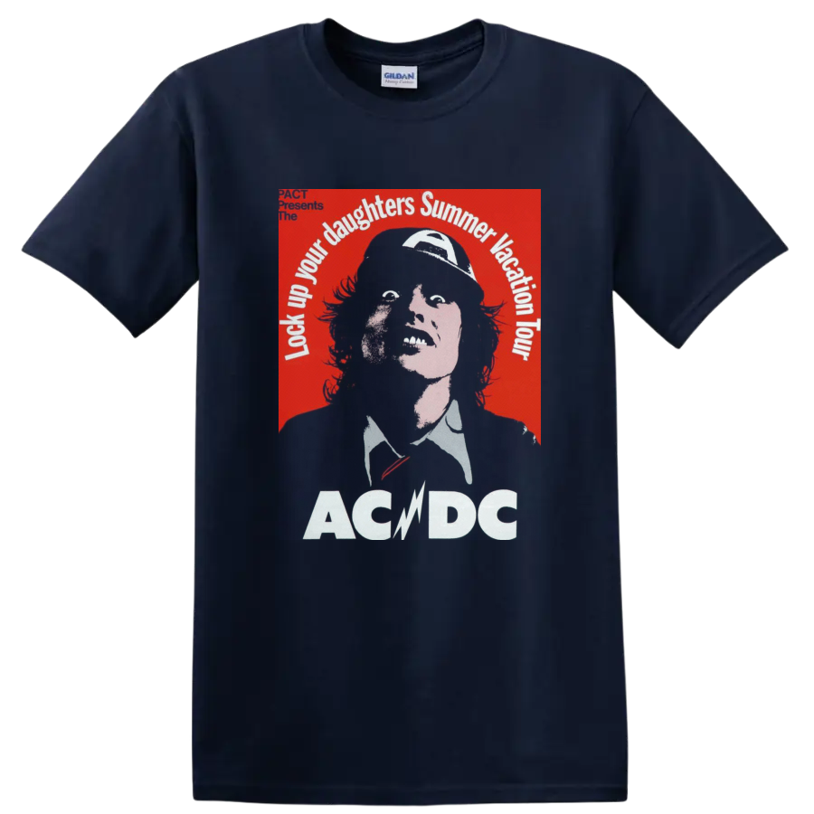 Angus Young portrait with AC/DC Lock Up Your Daughters Summer Vacation Tour text on a Navy (Blue) T Shirt