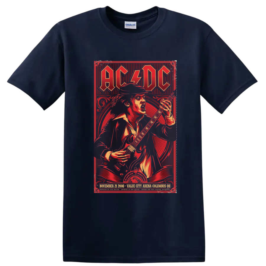 AC/DC Black Ice World Tour poster art with Angus Young playing electric guitar on a Navy (Blue) T Shirt
