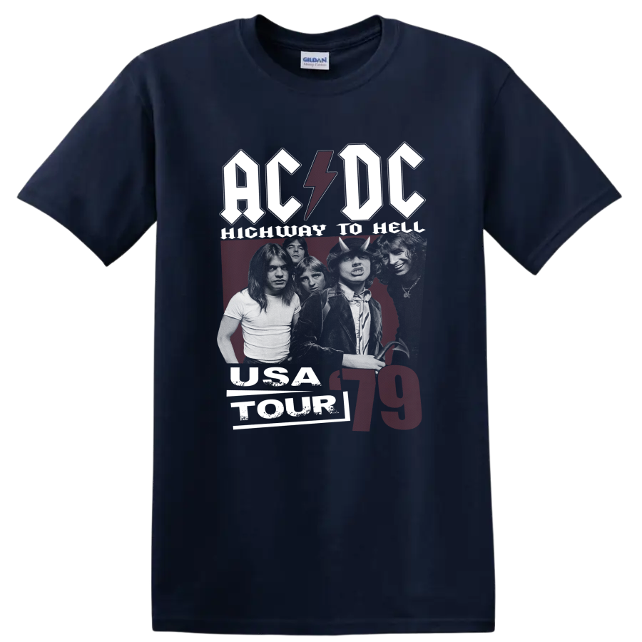 AC/DC Highway to Hell 1979 graphic with Bon Scott, Angus Young, and lightning bolt on a Navy (Blue) T Shirt