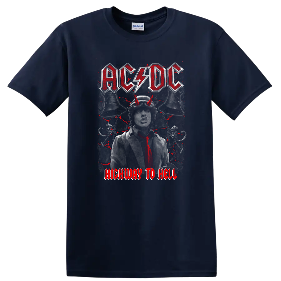 AC/DC Highway to Hell Angus Young portrait with devil horns and distressed rock art on a Navy (Blue) T Shirt