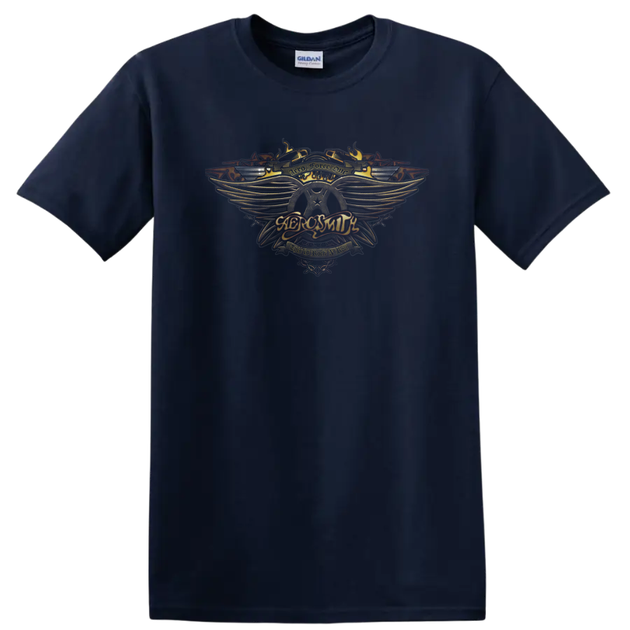 Aerosmith Aero Force One winged crest in ornate vintage rock style on a Navy (Blue) T Shirt