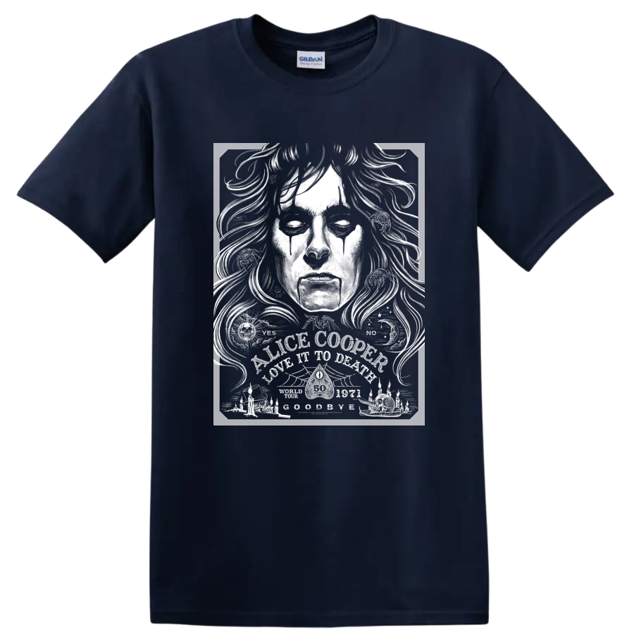 Alice Cooper high-contrast black and white rock portrait graphic on a Navy (Blue) T Shirt