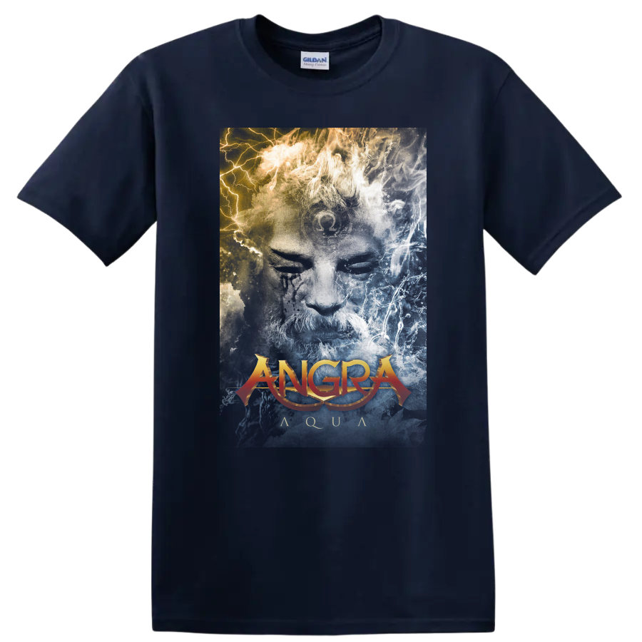 Angra Aqua album art with blue water textures, gold light, and orange logo on a Navy (Blue) T Shirt