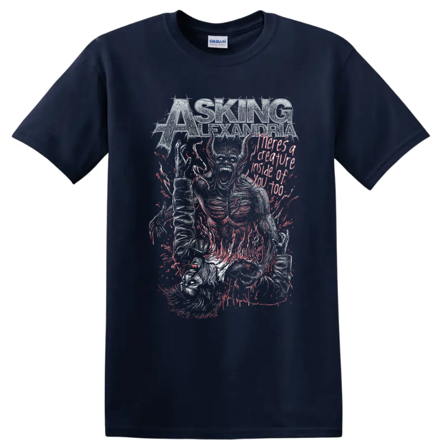 Asking Alexandria Creature distressed metal graphic with skeletal figure on a Navy (Blue) T Shirt