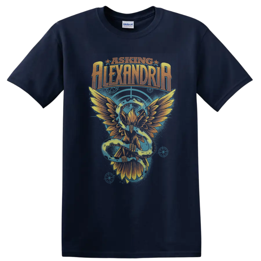 Asking Alexandria distressed logo with winged phoenix and electric blue energy artwork on a Navy (Blue) T Shirt