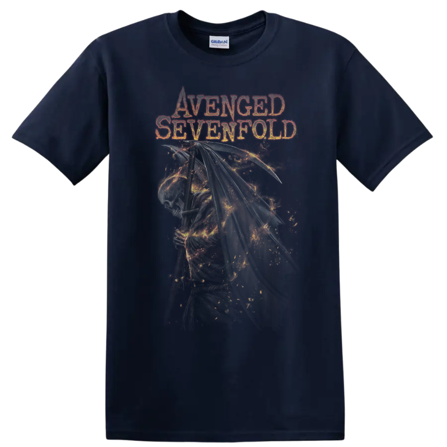Avenged Sevenfold distressed lettering above a detailed winged Deathbat skull graphic on a Navy (Blue) T Shirt