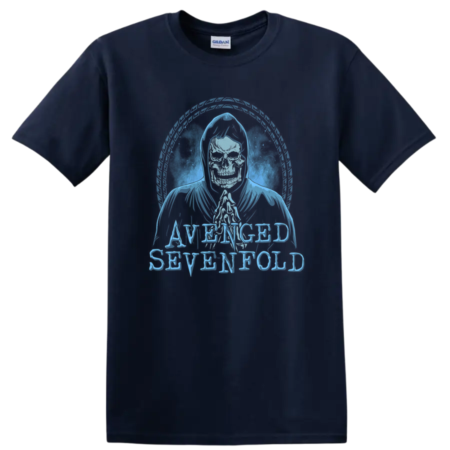 Avenged Sevenfold hooded skeleton with circular feather frame and distressed lettering on a Navy (Blue) T Shirt