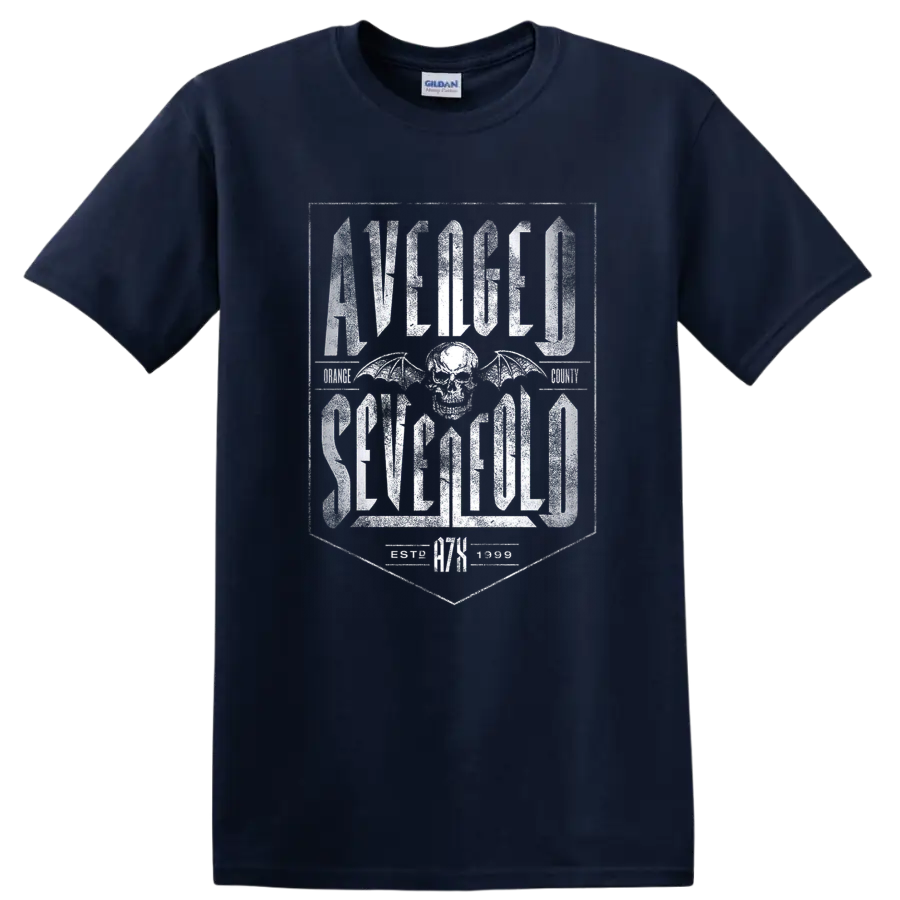 Avenged Sevenfold distressed lettering with winged skull emblem on a Navy (Blue) T Shirt