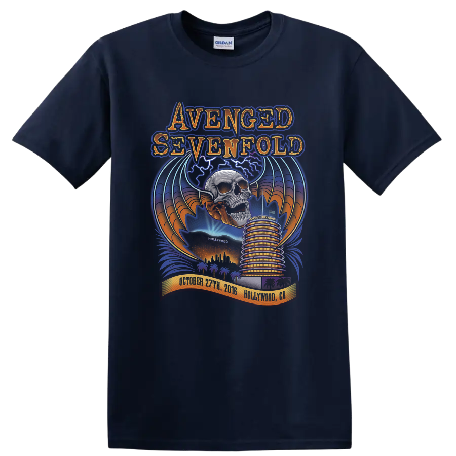 Avenged Sevenfold Deathbat skull and wings over a colorful Hollywood concert poster scene on a Navy (Blue) T Shirt