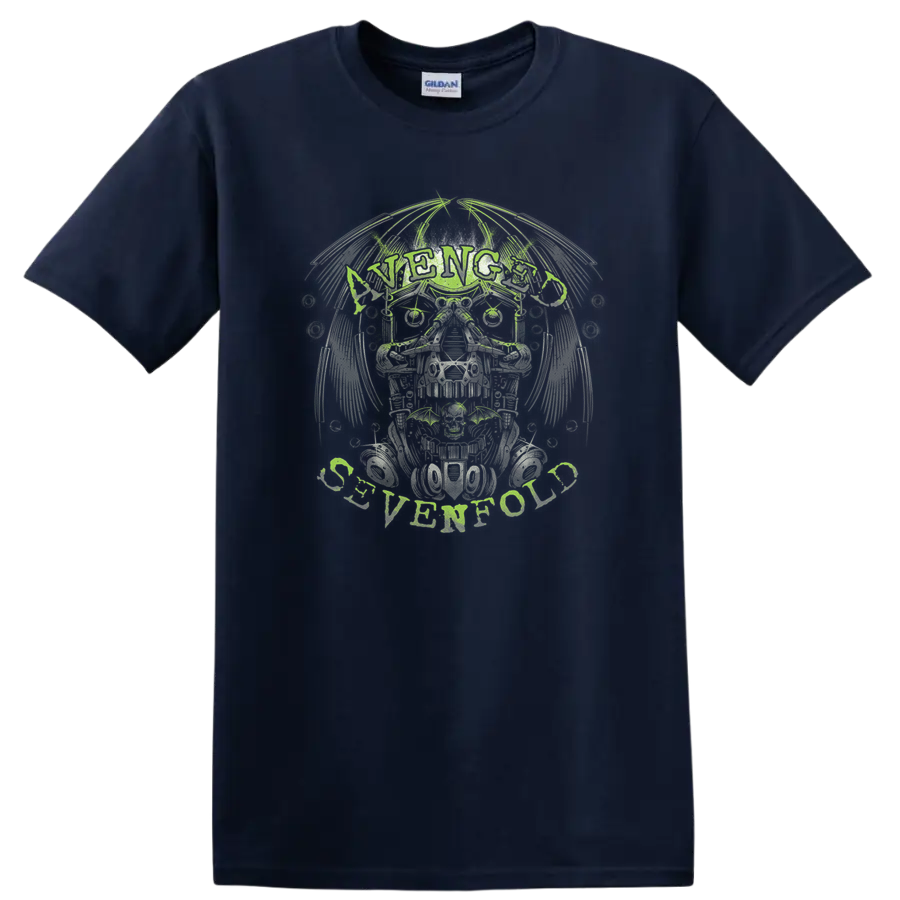 Avenged Sevenfold Deathbat skull with wings in distressed rock-metal illustration on a Navy (Blue) T Shirt