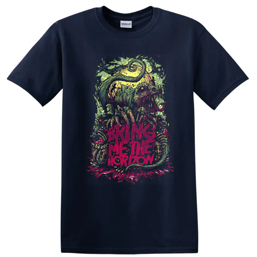 Bring Me the Horizon psychedelic creature artwork with neon splatters and distressed text on a Navy (Blue) T Shirt