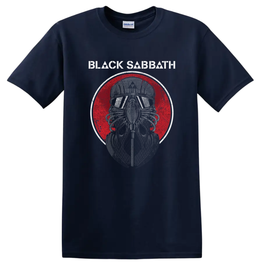 Black Sabbath helmeted skull graphic with goggles and distressed red circle on a Navy (Blue) T Shirt