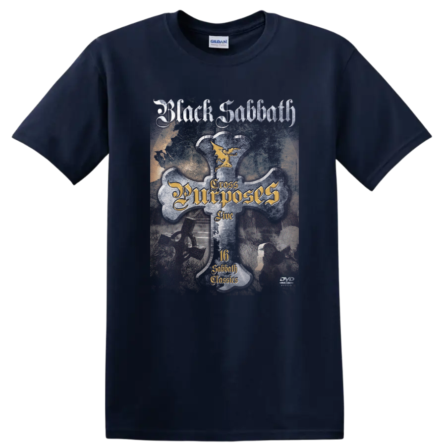 Black Sabbath Cross Purposes Live gothic cross with winged figure and distressed lettering on a Navy (Blue) T Shirt