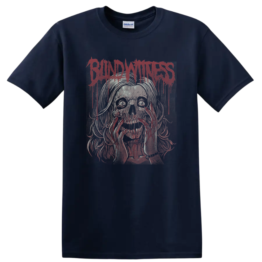 Blind Witness dripping red logo above a distressed skull horror illustration on a Navy (Blue) T Shirt