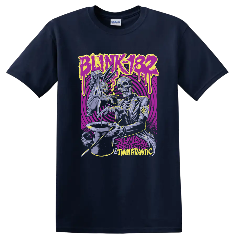 Blink-182 inspired skeleton punk graphic with neon dripping lettering and spiral rings on a Navy (Blue) T Shirt