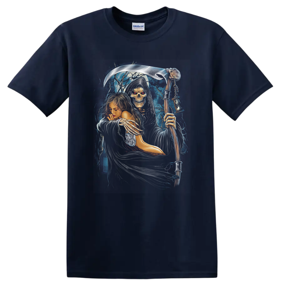 Hekate-inspired gothic skeleton reaper and goddess with scythe and lightning on a Navy (Blue) T Shirt