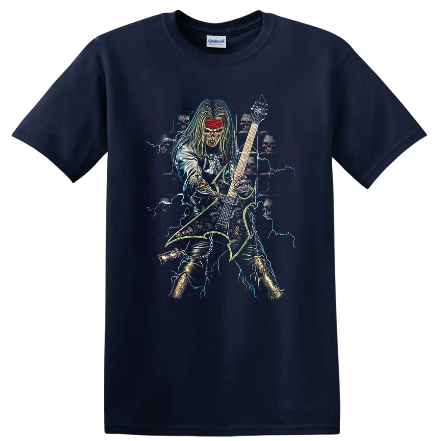 Neon skull-faced guitarist with lightning, skulls, and electric guitar metal artwork on a Navy (Blue) T Shirt