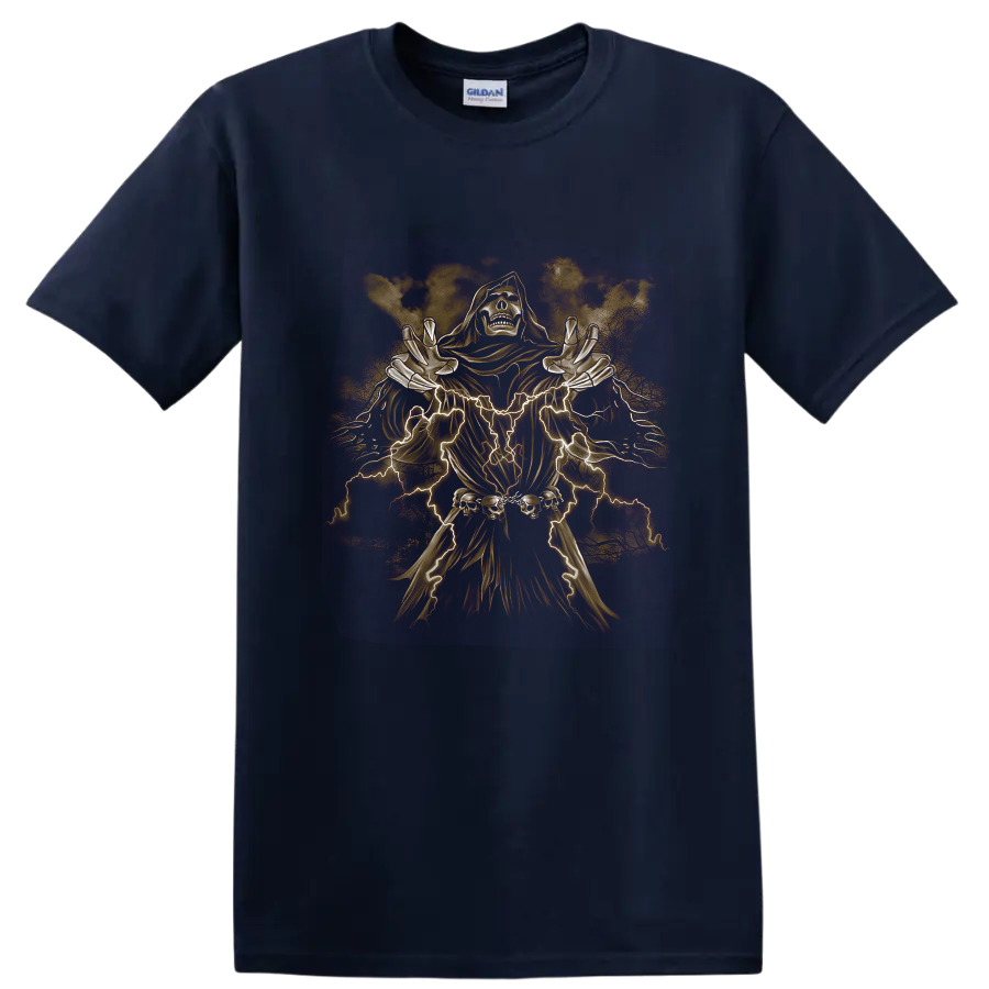 Neon skeletal reaper in a hooded robe with lightning, skulls, and dark fantasy metal art on a Navy (Blue) T Shirt