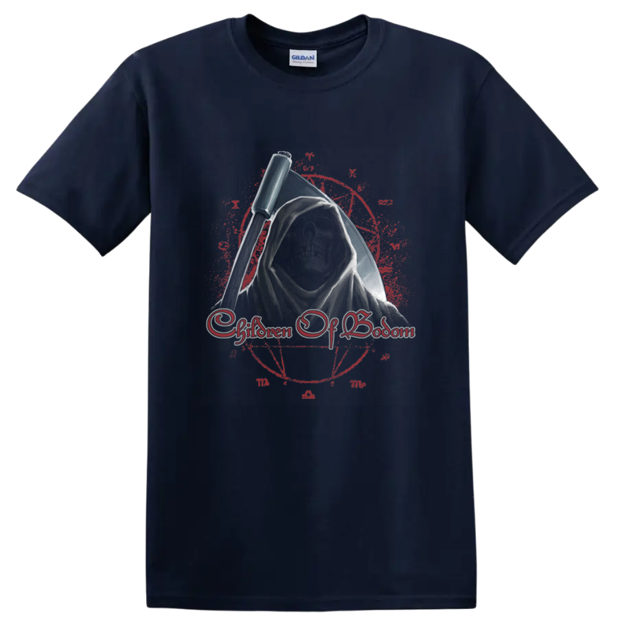 Children of Bodom hooded grim reaper with scythe and distressed gothic emblem on a Navy (Blue) T Shirt