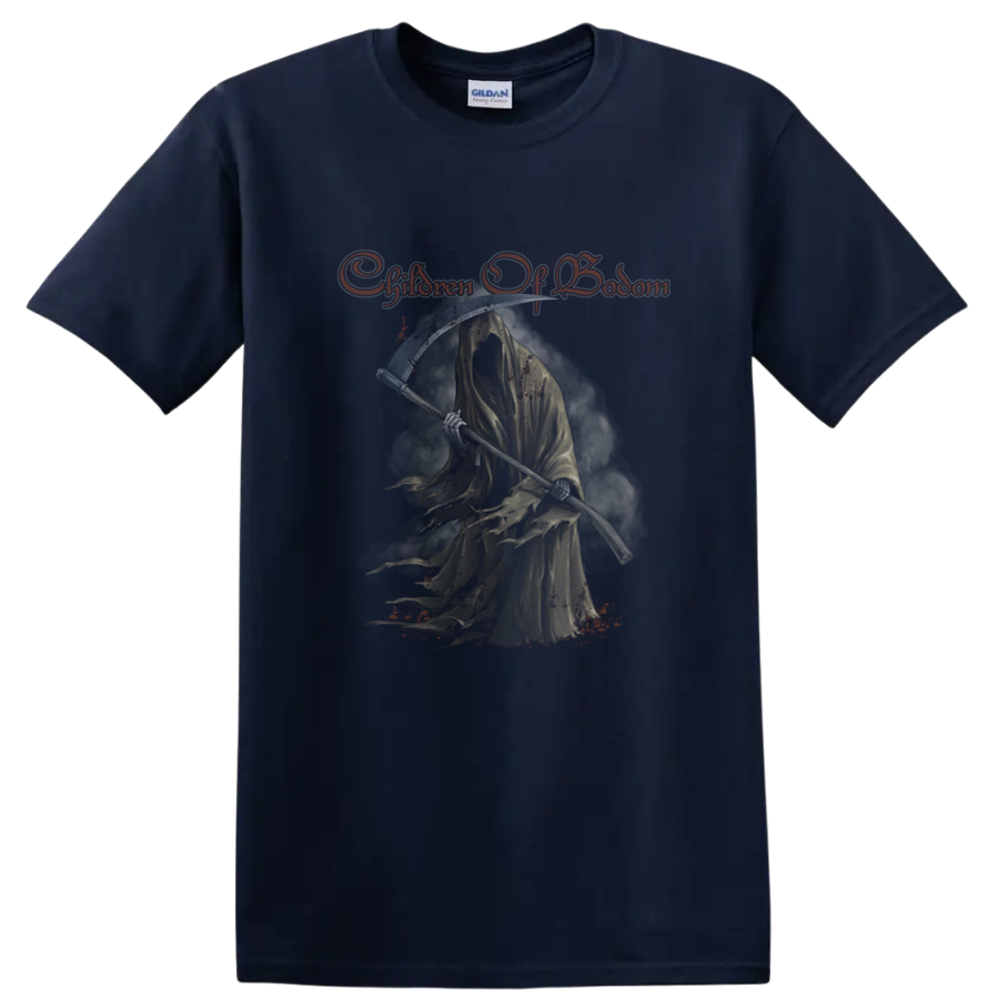 Children of Bodom Roy Grim Reaper with scythe and distressed orange script on a Navy (Blue) T Shirt