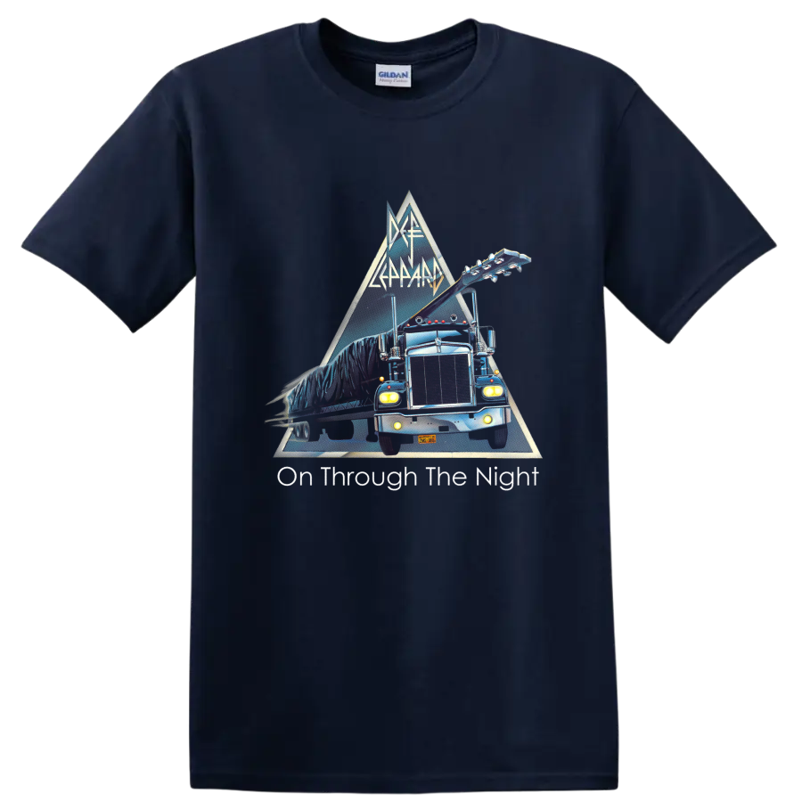 Def Leppard On Through the Night neon tour truck and guitar triangle graphic on a Navy (Blue) T Shirt