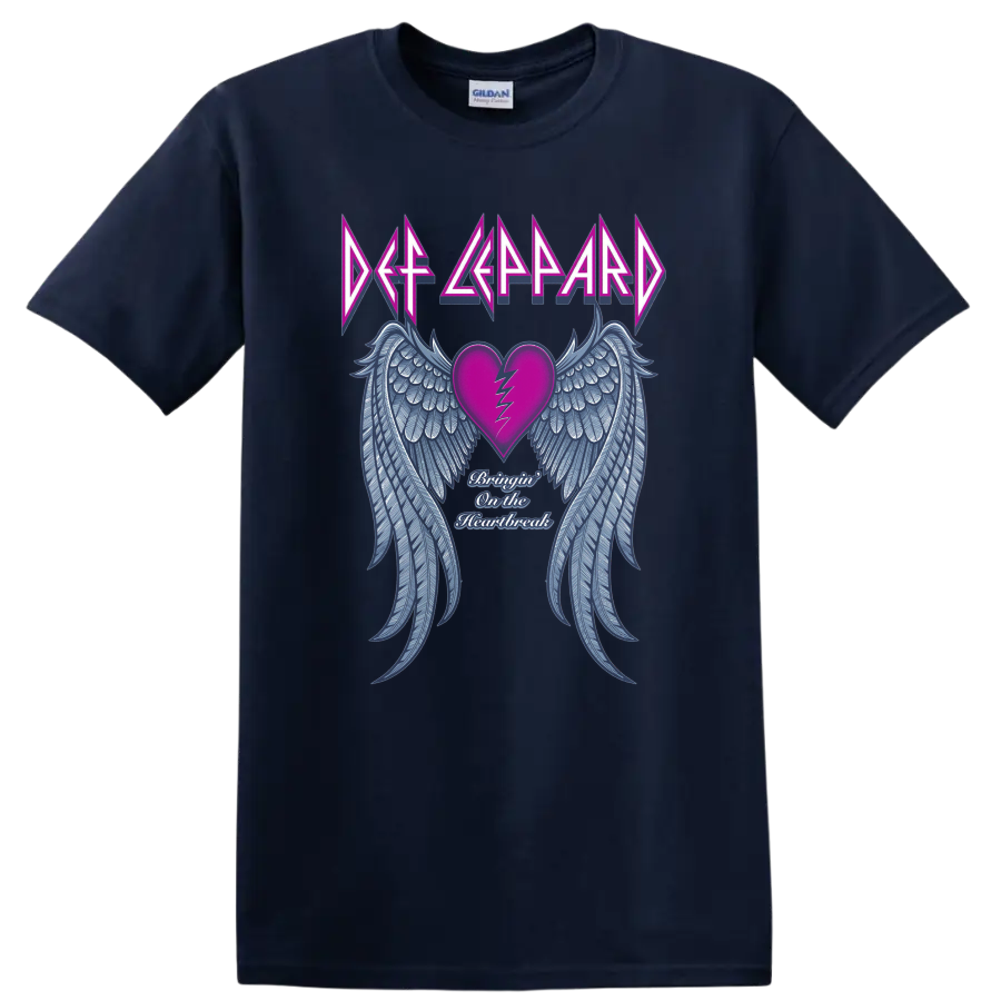Def Leppard logo over cracked pink heart, blue angel wings, and Heartbreak script on a Navy (Blue) T Shirt