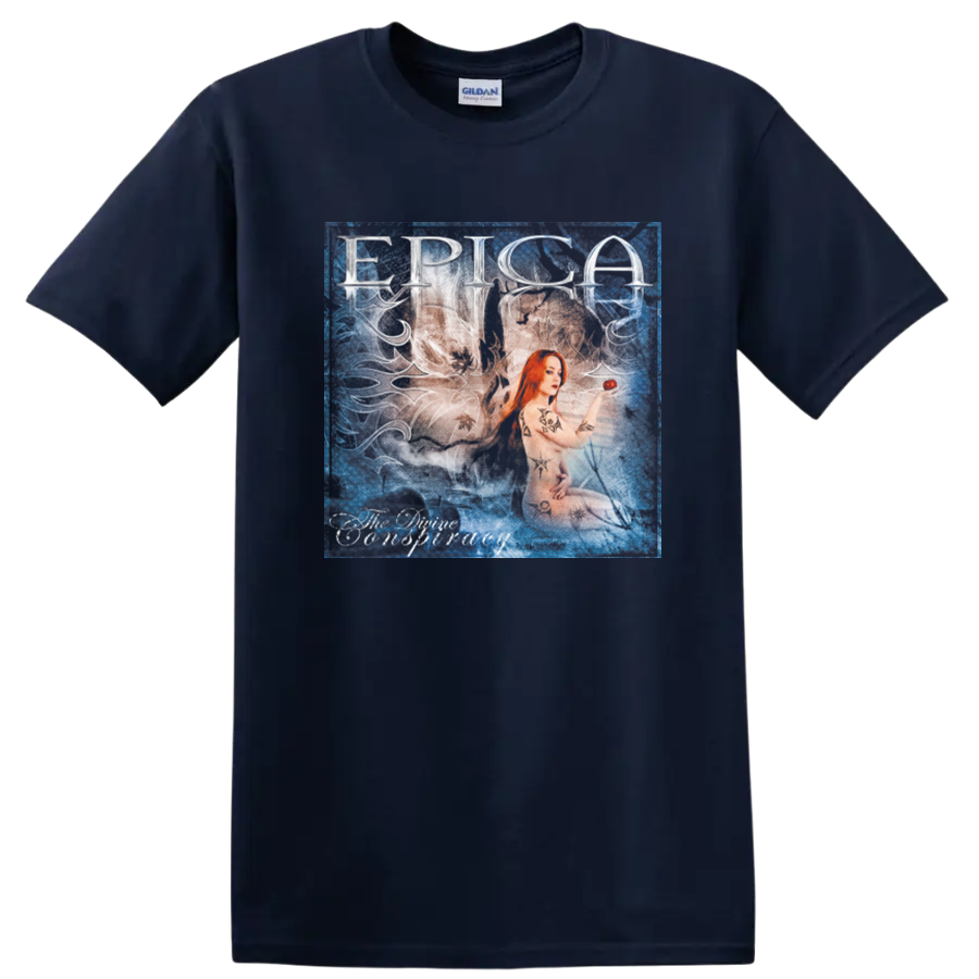 Epica The Phantom Agony Simone Simons portrait in a distressed blue collage style on a Navy (Blue) T Shirt