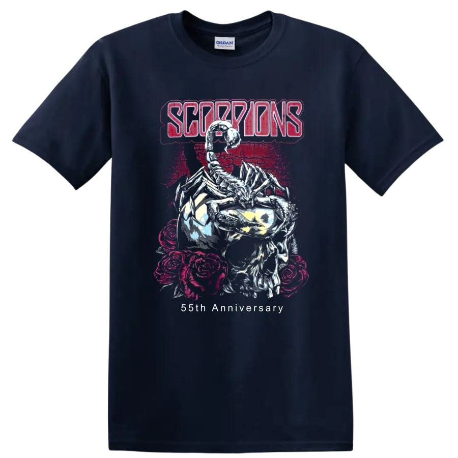 Scorpions logo above skeleton, roses, and neon pink distressed rock artwork on a Navy (Blue) T Shirt